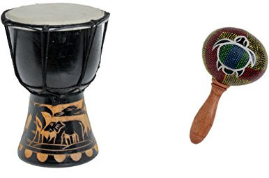 Mittelgroße 30cm Djembe Trommel Bongo Kinder Elefant Schwarz + Rassel Schildkröte R1