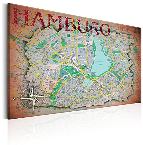 B&D XXL - Wandbilder XXL Hamburg 120x80 cm 1 tlg - Wand Deko Vlies Leinwand Bilder Groß Wanddeko Wohnzimmer Schlafzimmer Kunstdrucke - Stadtplan Karte Map Deutschland k-A-0068-b-a