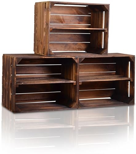 CHICCIE 3 Set Holzkiste im Vintage Look geflammt dunkel Lange Ablage - Obstkiste