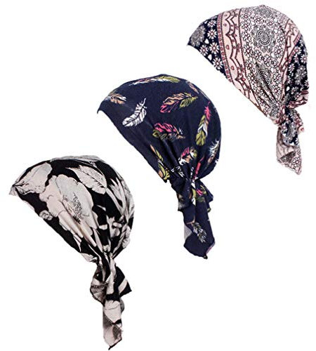 Qovelly vorgebundenes Chemo-Kopftuch, 3er-Pack, Beanie-Totenkopf-Abdeckkappe für Frauen, Set, 6-lang, A1-3-Packung, Einheitsgröße