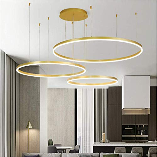 JINWELL LED Pendelleuchte Esstischlampe Pendellampe Wohnzimmerlampe Dimmbar Mit Fernbedienung Hängelampe Modern Kronleuchter Rund Ring Leuchten Aluminium Acryl Deckenleuchte 90W Gold 3laps 40+60+80cm
