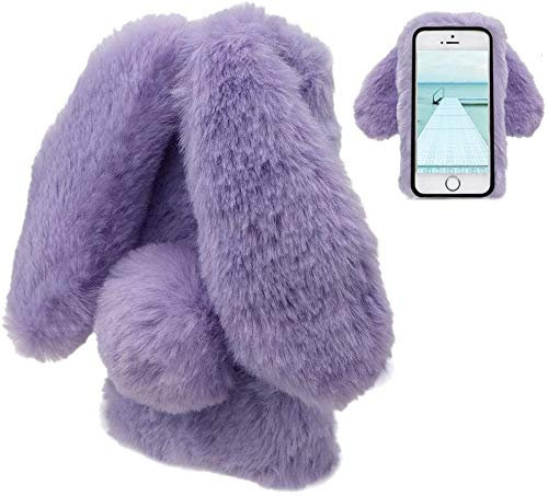 LCHDA Plüsch Hülle für iPhone SE 2. Generation/iPhone 8/iPhone 7(4.7) Flauschige Hasen Fell Handyhülle Mädchen Süße Künstlicher Kaninchen Niedlich Hasenohren Schützend Stoßfest Silikonhülle-Lila
