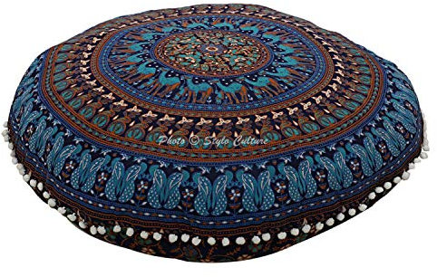 Stylo Culture Ethnisch Dekorativ Rund Bodensitzkissen 80 x 80 cm Groß Bodenkissen Pouf Mandala Dunkelblau Boho Pom Pom Spitze Schöne Sitzkissen Baumwolle Kamel Boden Sitzkissen Kinder