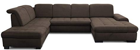 CAVADORE U-Form Lexi mit XXL-Longchair / Inkl. Bett, Stauraum und Kopfteilfunktion / Leichte Fleckenentfernung dank Soft Clean / 329 x 82-99 x 224 / Flachgewebe: Braun