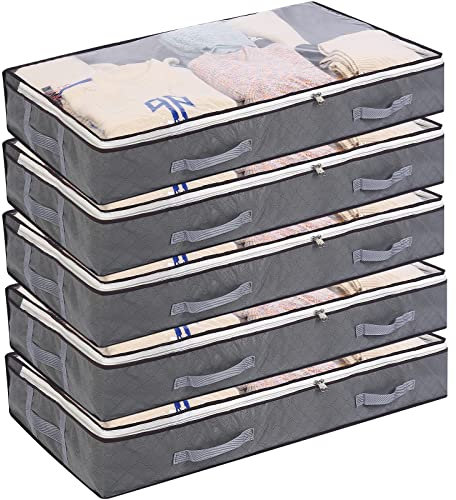 Yopih 5 Pack Underbed Storage Bags 75L Foldable Clothes Bag Large Capacity Storage Containers with Clear Window Reinforced Handles Zippered Organizer Non-Woven for Comforters Blankets Bedding Storage