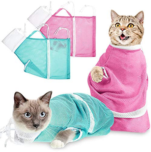 2 Stücke Katze Baden Tasche Katze Dusche Netz Tasche Anti-Beißen Anti-Kratzen Rückhaltetasche Einstellbar Multifunktional zum Baden, Nagel Trimmen, Haustier Untersuchung (Rosa, Grün)