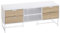 HOMCOM Meuble TV Banc TV Style Graphique - 4 tiroirs, 2 niches, 2 Passe-Fils - piètement métal Panneaux Particules Aspect Bois de chêne sculpté à Chevrons Blanc