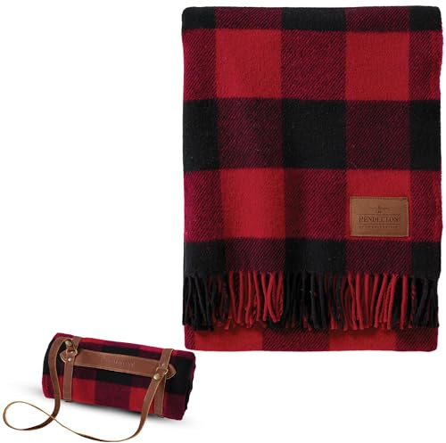Pendleton Camping Blanket, Motor Robe with Leather Strap Carrier - Virgin Wool, Backpacking Blanket for Warmth and Comfort, Outdoor Adventures, Travel, Picnics, and Cozy Home Comfort