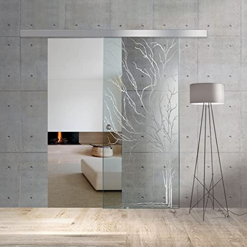 BOSS Puerta corredera del vidrio modelo TREE 85x215 cm (60/85/95 cm) Vidrio Transparente de 8 mm, patron arenado nanotratamiento Incoloro, kit completo de herrajes (85x215 cm, DERECHA)