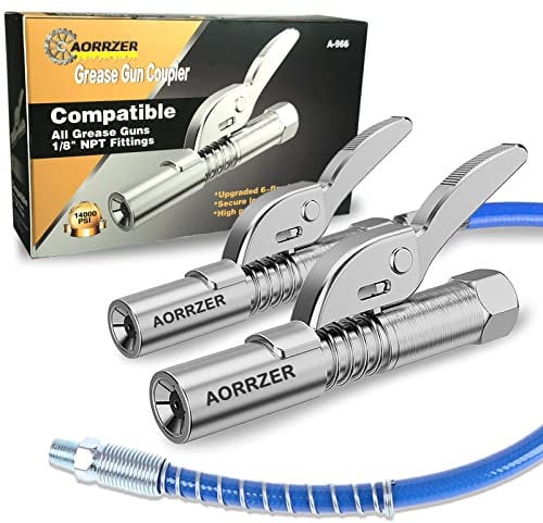 AORRZER Grease Gun Coupler 2 PCS, Strong Lock on Greases Gun Couplers, 12000 PSI Quick Release Grease Coupler with 12 Spring Flex Hose, Compatible with All Grease Guns 1/8 NPT Grease Gun Fittings