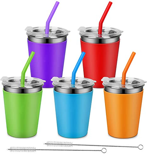 Rommeka Kinderbecher mit Deckel und Trinkhalmen, 5 Stück, Upgrade, 340 ml, Edelstahl, unzerbrechlich, für Kleinkinder, mit bunter Hülle, wiederverwendbarer Trinkbecher für Erwachsene und Kinder