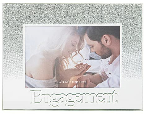 Happy Homewares Modern Silver Glitter Effect Engagement Glass Picture Frame with 3D Acrylic Letters - 5 x 3.5 | Freestanding Horizontal Frame