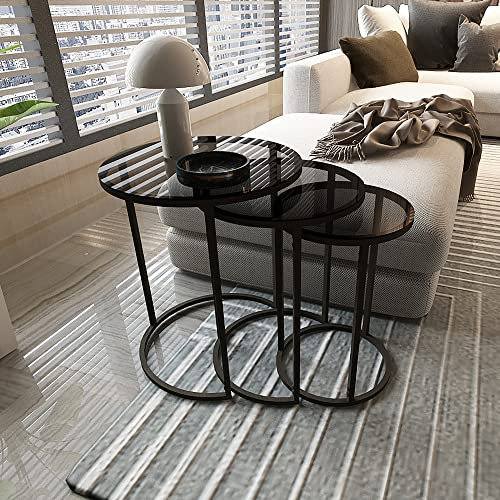 [en.casa] Set de 3 Mesas Nido Conjunto de 3 Mesas Auxiliares Juego para Salón Sala Diferentes Tamaños Metal/Cristal Templado Ahumado de 4 mm Negro/Transparente