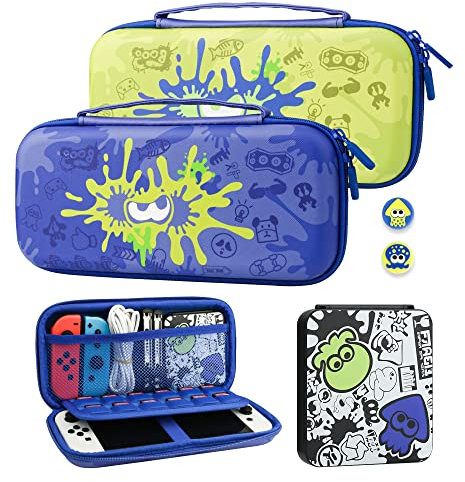 RHOTALL Funda de transporte para Nintendo Switch & Switch OLED, funda de viaje portátil dura para accesorios de juego Switch con funda de juego negra y 2 tapas de pulgar - para tema Splatoon