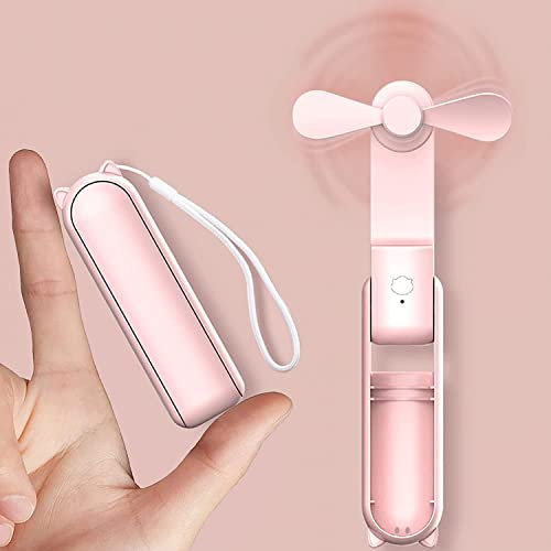 DSLIHA Portable Handheld Fan, Foldable Hand Held Fan, USB Rechargeable Small Pocket Fan With Power Bank, 3 Speeds Folding Hand Fan Personal Desk Fans Mini Travel Fan for Women Kids Home Office (Pink)