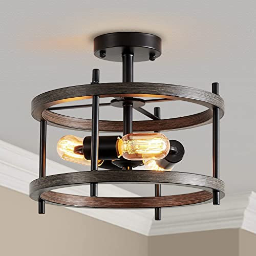 Saint Mossi Vintage Semi Flush Mount Deckenleuchte, 3-Lichter Bauernhaus-Deckenleuchte, perfekt für den Wohnbereich, matt-schwarzer Metallrahmen mit Holztextur.
