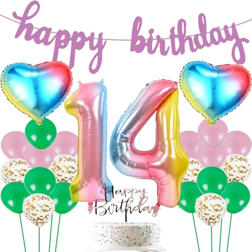 Ballon Geburtstag Dekoration Geburtstag Ballon in rosa Farbe Happy Birthday Girlande Folienballon Rainbow Number Foil Balloon luftballons geburtstag 14 mädchen 14 Years Girl Giant Foil Balloon