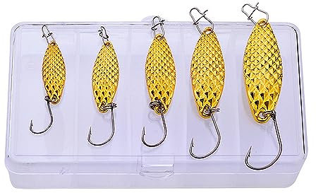 OriGlam 5pcs Metal Fishing Lures Spoon Spinner Baits, Hard Metal Fishing Lures Spinnerbait Spoon Sequins Spoons Hard Bait for Saltwater Freshwater Trout Bass Salmon (Gold)