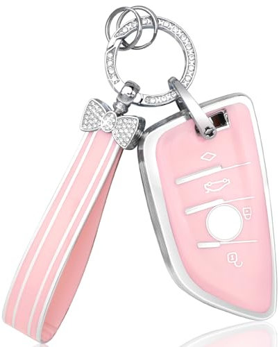 BLINGOOSE Schlüsselhülle für BMW Rosa Bling Schlüsselanhänger Zubehör 4 Tasten Schlüsseletui Cover Schutzhülle für BMW 3 4 5 6 7 8 er X1 X2 X3 X4 X5 X6 X7 M3 M4 M5 M8 Girly Frauen TPU