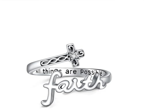 ONEFINITY Glaubens Ring aus 925er Sterlingsilber Kreuz Glaubensring Verstellbarer Löffel Glaubensringe Christliche Ringe Schmuck Geschenk für Frauen Mädchen Tochter Freundin-Silber