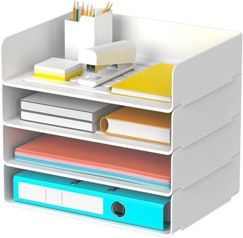 LDXDRU 4-Stöckige Ablagekorb für A4 Dokumentieren Briefablage Stapelbar Dokumentenablage aus PET Kunststoff, Weiß Briefkorb A4 Papier Briefablage Organizer für Zuhause,Büro,Schule