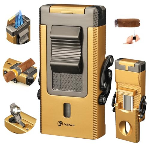 LIHTUN Encendedor de cigarros Multifuncional con Soporte Integrado, potenciador de caladas, perforador y Cortador en V Plegable (Dorado)