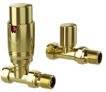 Leporce | Thermostatic Radiator Valves and Straight Lockshield Valve - Classy and Modern Design 1/2 x 15mm Straight Radiator Valves (Brushed Brass)