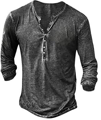Mens Henley T-Shirts Long Sleeve Retro V Neck T Shirt Slim Fit Cotton Casual Shirts