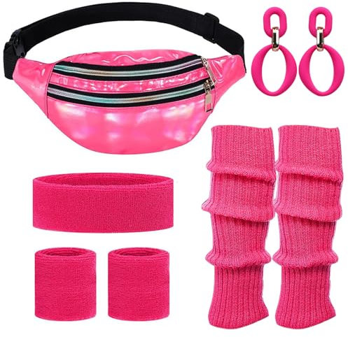 NebulaGlam 80er Jahre Outfit Damen Bauchtasche Neon 90er 80er Jahre Outfit Damen Set mit Bauchtasche Damen, Stirnband, Beinwärmer, Ohrringe, Handschuhe für Kostüm Party Fasching Karneval (Rosarot)