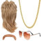 Vokuhila Perücke Herren 4er Set Herren Perücke 80er 90er Jahre Outfit Accessoires Herren Blond Perücken Wig Sonnenbrille Halskette für Fasching Cosplay Halloween Kostümfeste