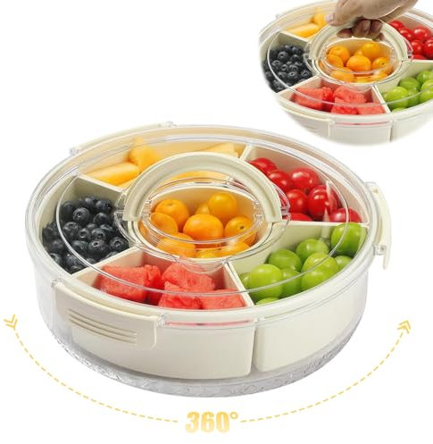 Uoliui Snackbox mit Fächern, Snack Spinner mit Verschlussdeckel & 6 Fächern, Drehbar Snackbox Snackschale mit Griff, Snackteller Transportbox Aufbewahrungsbox für für Party, Picknick