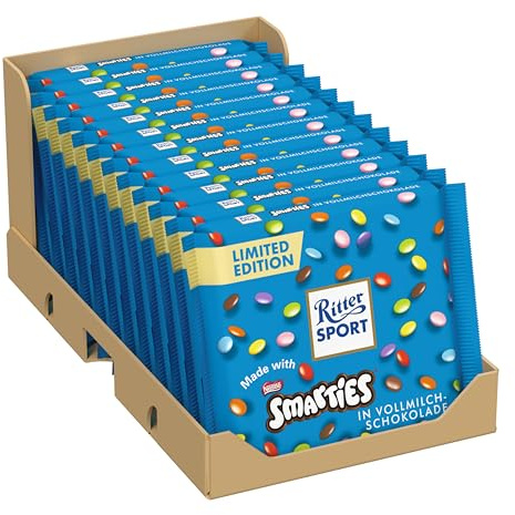Ritter Sport Smarties Vollmilch, Vollmilchschokolade mit bunten Smarties, cremig & knusprig, perfekt zum Naschen und Genießen, Geschenkidee, 12 x 100 g