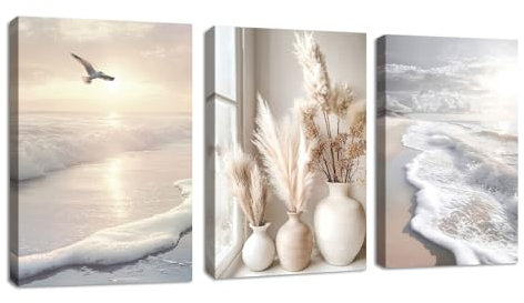 3 Pcs Boho Paysage Plage Tableau Décoration Murale Salon Roseaux Pampas Coucher Soleil Gull Impression Sur Toile Image Peintures sur Toile Décoration Murale Pour Chambre Maison Bain 30x0cmx3Pcs