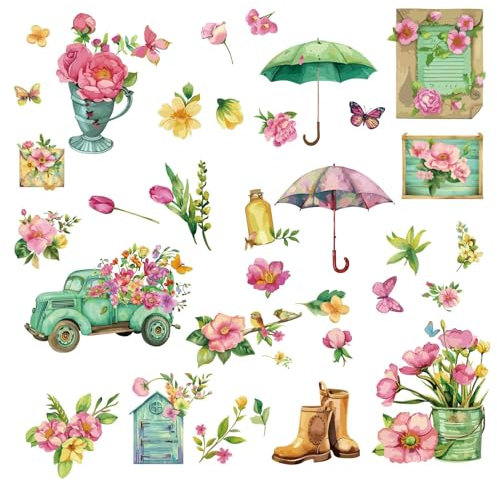 craspire 8 Blatt Fensteraufkleber Mit Frühlingsblumen Sommer Blumen Glasaufkleber Schmetterling Regenschirm LKW Wasserdicht Kollisionssicherer Fensteraufkleber Abziehen Und Ankleben Für Zuhause