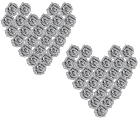 PATIKIL Glitter Roses, 50 Pcs Foam Artificial Flowers Roses Heads Real Looking Fake Flower Bulk with Stem for DIY Wedding Bouquets Centerpieces Wreath Home Party Decoration, Silver