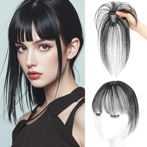 Piashow Haarteil Mit Klammer, One Piece Pony Haarteil Echthaar, Clip in Pony Echthaar, Fringe Clip in Human Hair Verlängerung für Frauen (Schwarz)