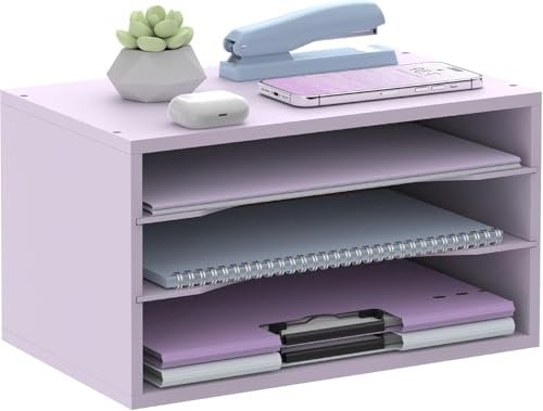 SUPEASY 3-Ebene-Papier-Organizer für Schreibtisch, Holz Desktop-Organizer mit verstellbarem Brieffach, Mail Sorter für Büro Schule & Zuhause, Lila