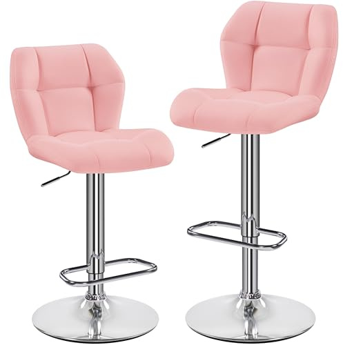 Soberine Set di 2 Sgabelli da Bar, Sedie Girevole Regolabili in Altezza, Sgabello da Cucina in Simipelle con Schienale e Poggiapiedi Moderno Design per Sala da Pranzo, Bancone e Bar Rosa