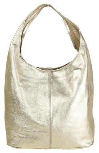MIRROSI Beuteltasche Damen aus Echtleder – Made in Italy – Shopper & Tragetasche 33x32x16 cm – Handtasche mit viel Stauraum – Leder Schultertasche (Metalic Gold)