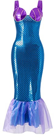 LYSINK Robe sirène d'Halloween pour femme – Robe tube sans bretelles à volants et à paillettes – Costume de sirène pour costumade – Bleu mauve, taille S
