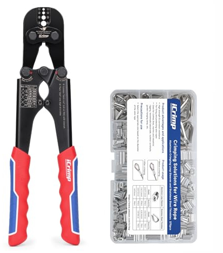 iCrimp Wire Rope Crimping Tool Kit with Cutter & 330 Sleeves | Heavy Duty Swager for 1.2-3.5mm Wire Rope with 45 Thimbles, Aluminum Ferrules for Fishing, Cable Railing & Decking