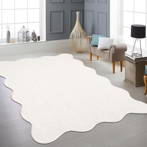 Teppich-Traum Teppich Modern Waschbar Uni Wellenform Creme 120x160 cm | Flauschig, weich und bis 30 °C waschbar, pflegeleicht, rutschfest, robust, saugrobotergeeignet, Wohn- & Esszimmer