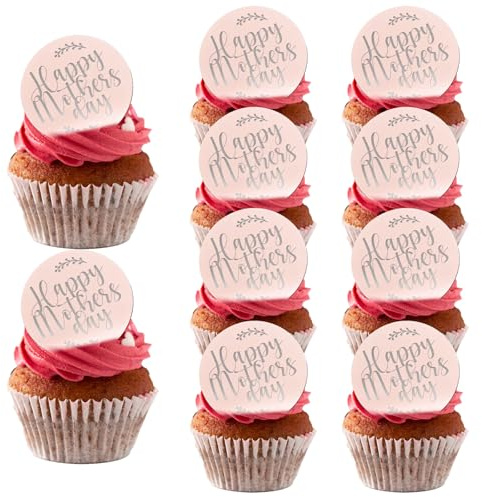 10Pcs Mothers Day Cupcake Toppers,Happy Mother's Day Acrylic Cupcake Toppers Round Mirror Engraved Rose Gold Cake Toppers Cupcake Decorations for Mothers Day Cake Decorations Desserts Party Supplies