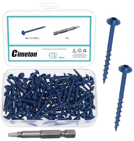 Cimeton 101PCS #8 x 1-1/2 Pocket Hole Screws Deck Screws with Square Drive Assortment Kit Exterior Wood Screws Blue Anti-Rust Coated Pocket Hole Screws for Decks Fences and Other Outdoor Use