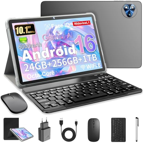 Android 16 Tablet 10 Pollici con Gemini AI, Tablets con Tastiera, Mouse & Stilo, Octa-Core, 24 GB RAM + 256 GB ROM + 1 TB TF, 1920x1200 Display HD, Fotocamera 8MP + 13MP, 6000 mAh (Custodia Nero)
