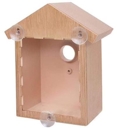 Window Bird Box, Plastic Nest with Sucker & One Way Mirror, Clear Bird House for Garden, Natural Wood Color