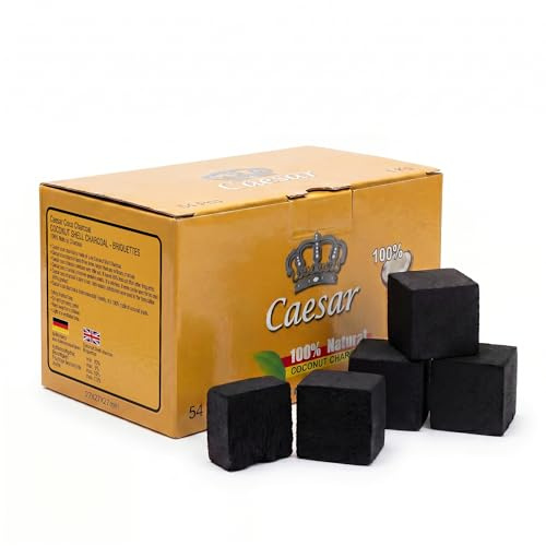 Caesar Shisha Kohle 27 mm 1 kg – Premium Kokos Naturkohle Würfel für Shisha & Wasserpfeife, 1 x 1 kg Einzelpackung, 54 Würfel, raucharm, wenig Asche, langanhaltende Hitze