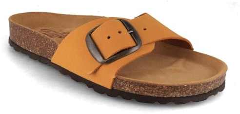 Tuffeln Leder-Sandalen Fehmarn mit weichem Korkfußbett Einschnaller Damen Pantoletten Schlappen, Hergestellt in der EU, Gelb Gr. 36
