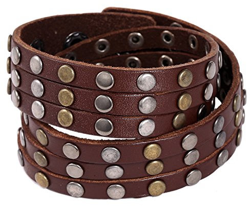 DonDon Unisex Lederarmband braun mit verschiedenfarbigen Nieten Gold und Silber