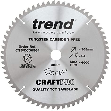 Trend Wood Mitre Saw Blade, 305mm Diameter, 30mm Bore, 64 Teeth, 3mm Kerf, -5° Hook, TCT, Fine Finish, CSB/CC30564
